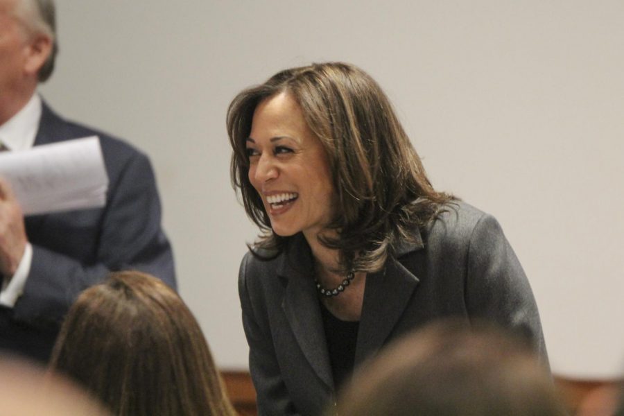 Kamala Harris greets the crowd at Politics and Eggs